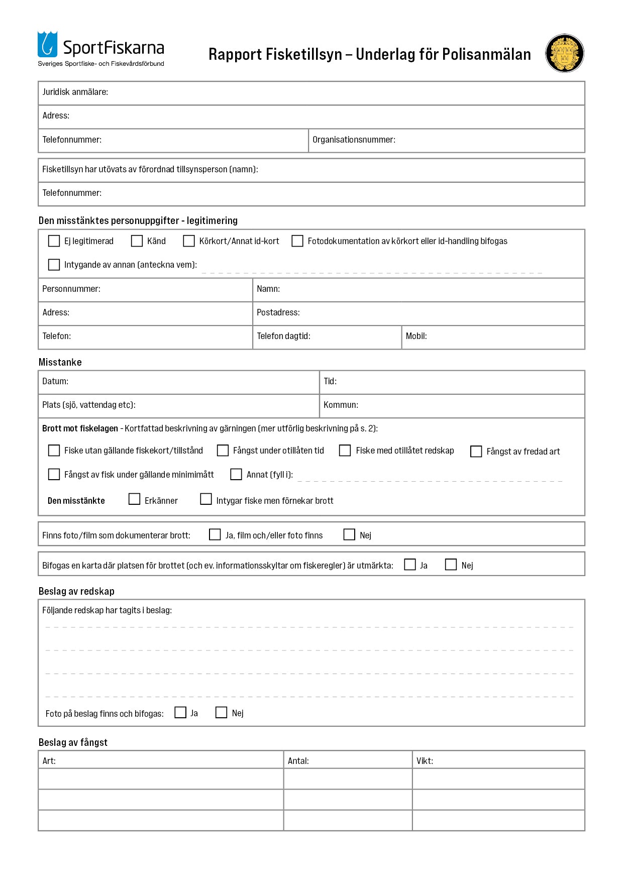 Fisketillsyn - Rapportblankett